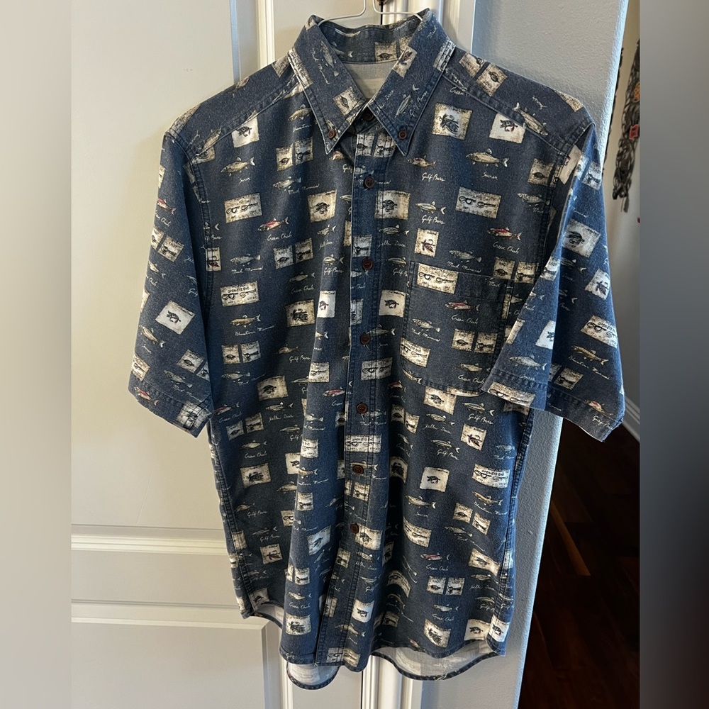 CLEARANCE Men’s Medium Woolrich Fishing Patterned Blue Button Down Shirt